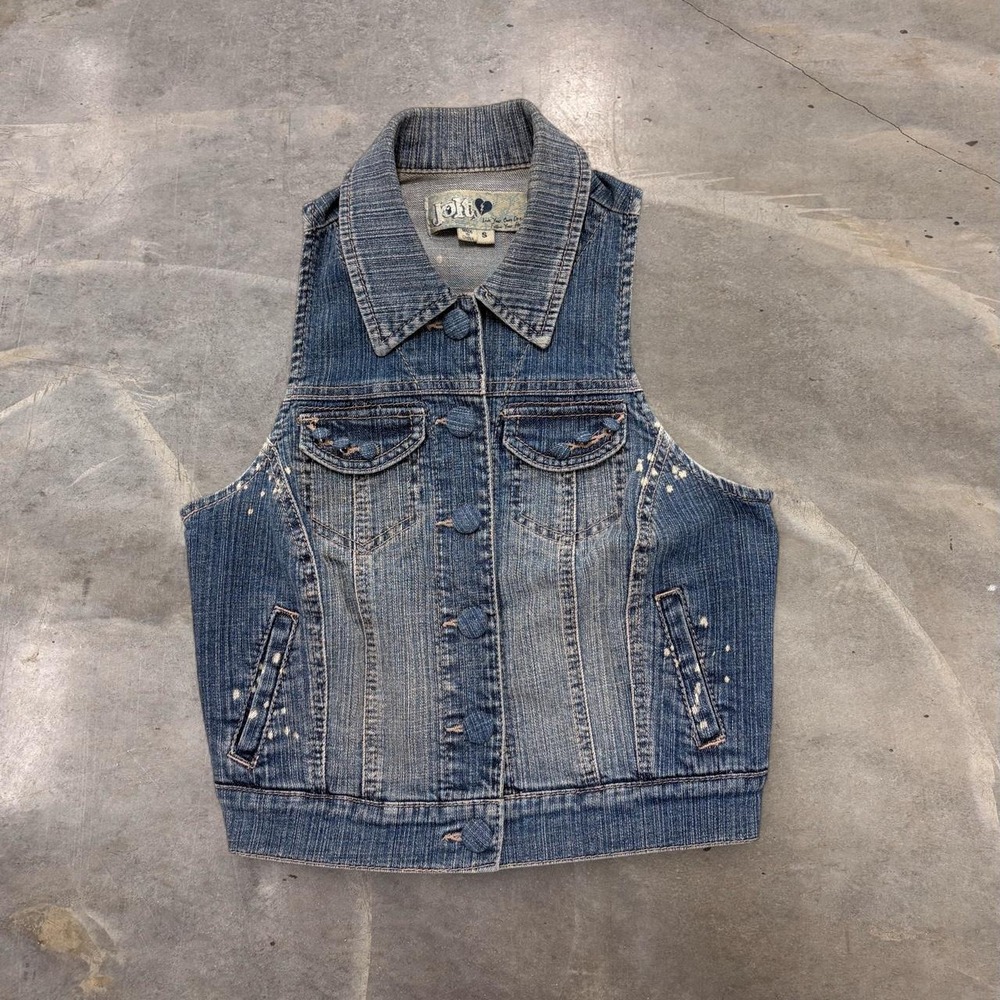 Jolt Women Distressed Bleach Splatter Denim Vest Blue Y2K Western Grunge Small